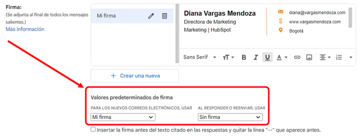 Sección de los valores predeterminados de firma de Gmail