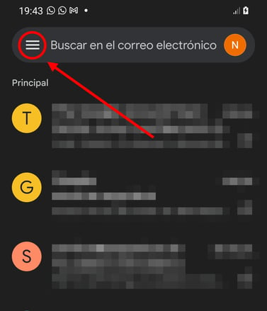 Icono de la hamburguesa en la aplicación Gmail