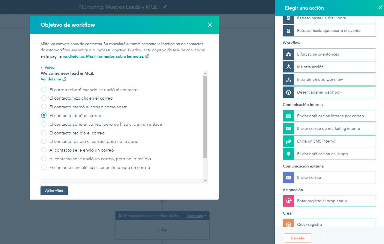  El software de automatización del marketing de HubSpot mostrando las opciones para configurar el objetivo del workflow
