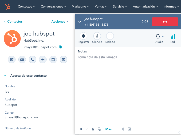 Software de registro de llamadas de HubSpot.