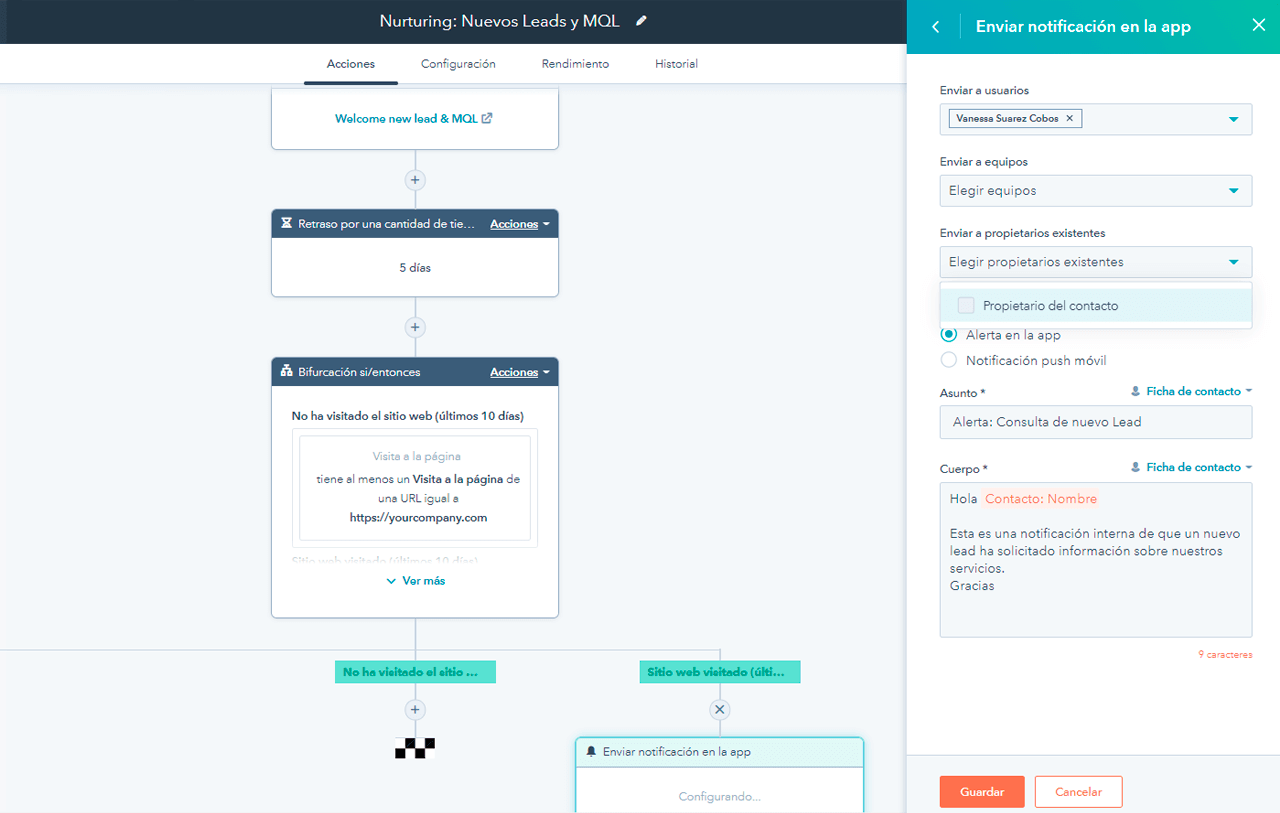 El software de automatización del marketing de HubSpot mostrando las opciones para enviar un mensaje personalizado en la app