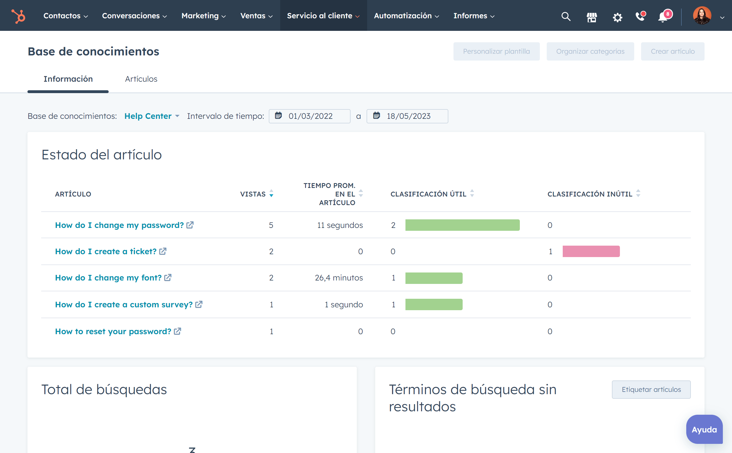 Pantallazo del panel de informes en el software de base de conocimientos