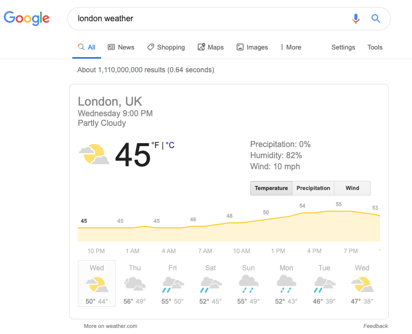 Captura de pantalla de un resultado de búsqueda para «clima Londres»