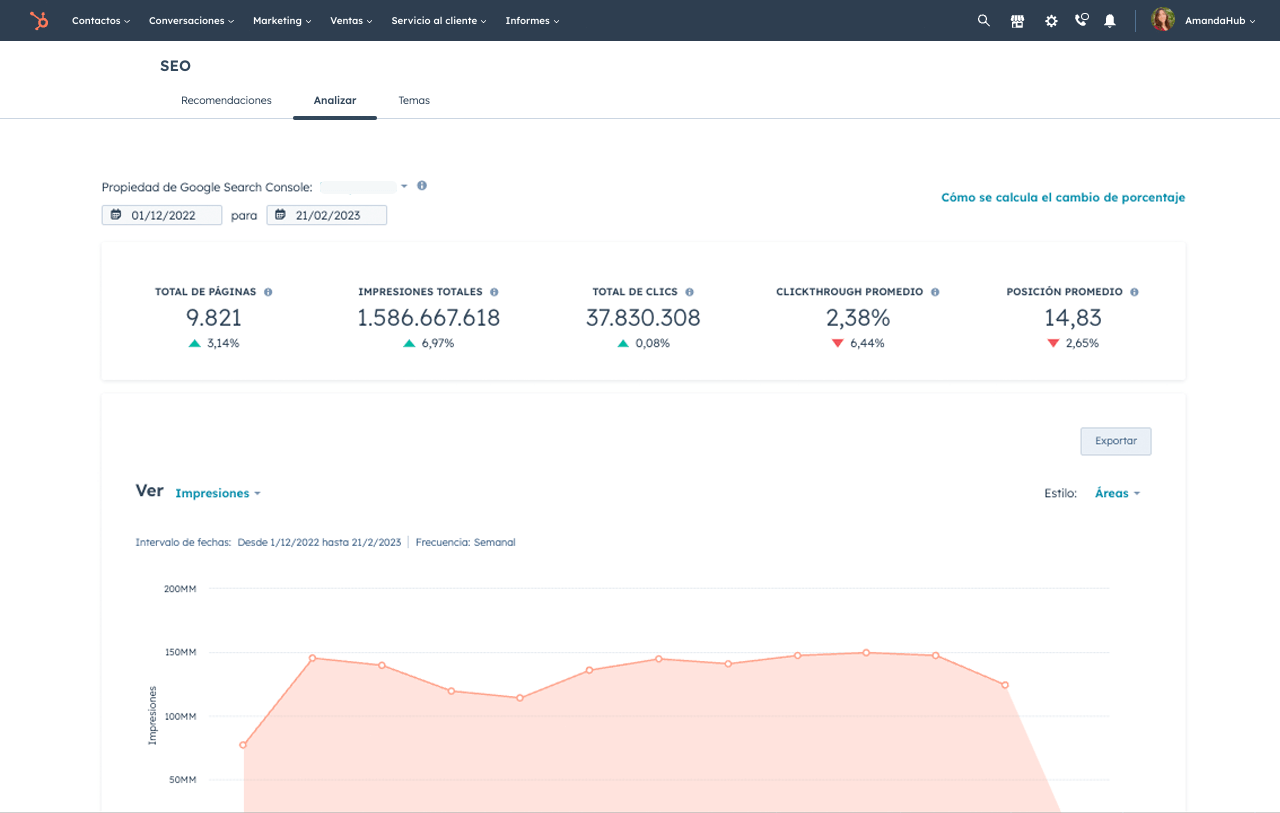 Interfaz del software de SEO de HubSpot con recomendaciones de temas